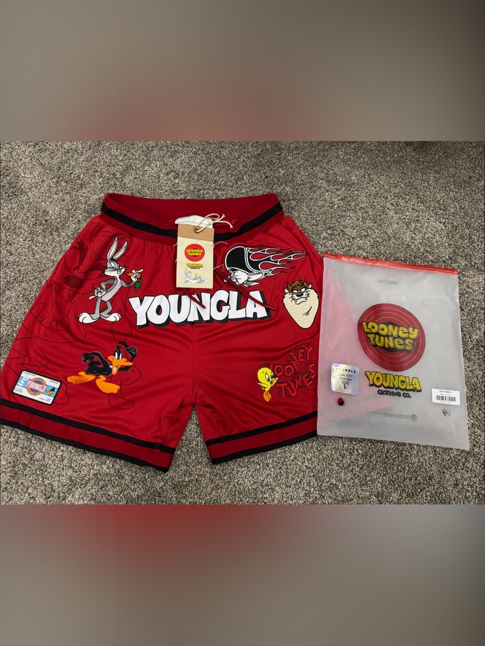 YoungLA Red Looney Tunes Graphic Basketball Shorts